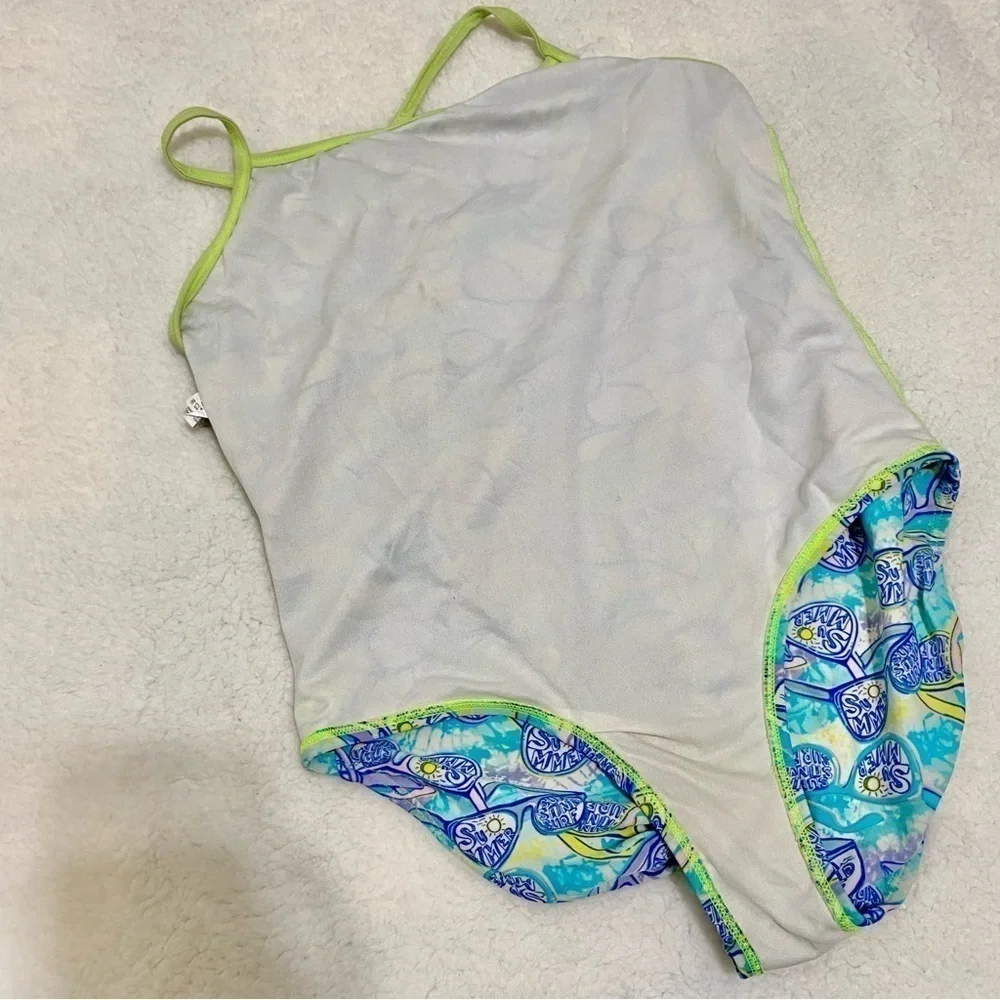 OP one piece swimsuit XL 14-16 teal yellow retro sunglasses print